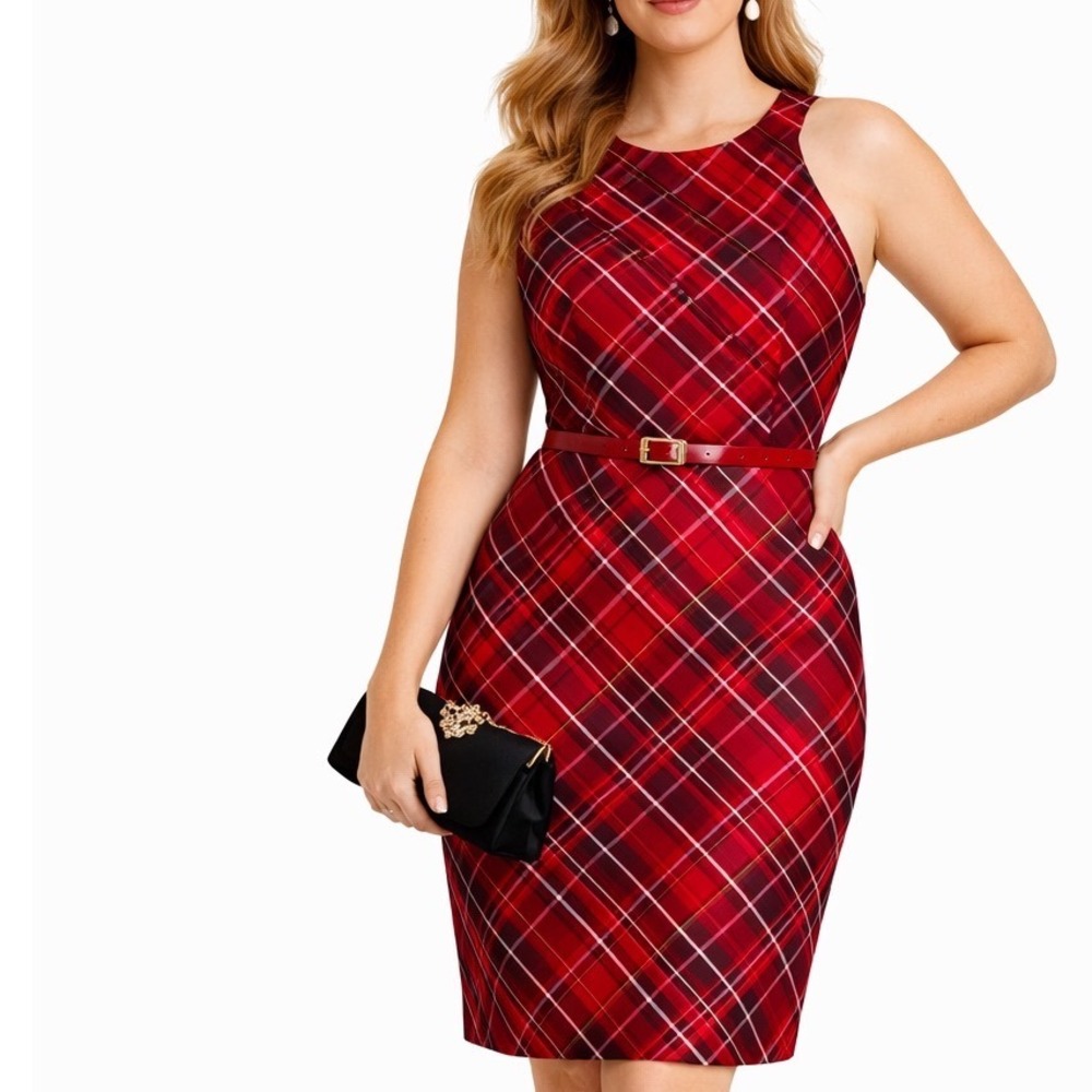 Children Place NWT Preppy Red Gold Metallic Sheen‎ Plaid High Neck Dress Size 14